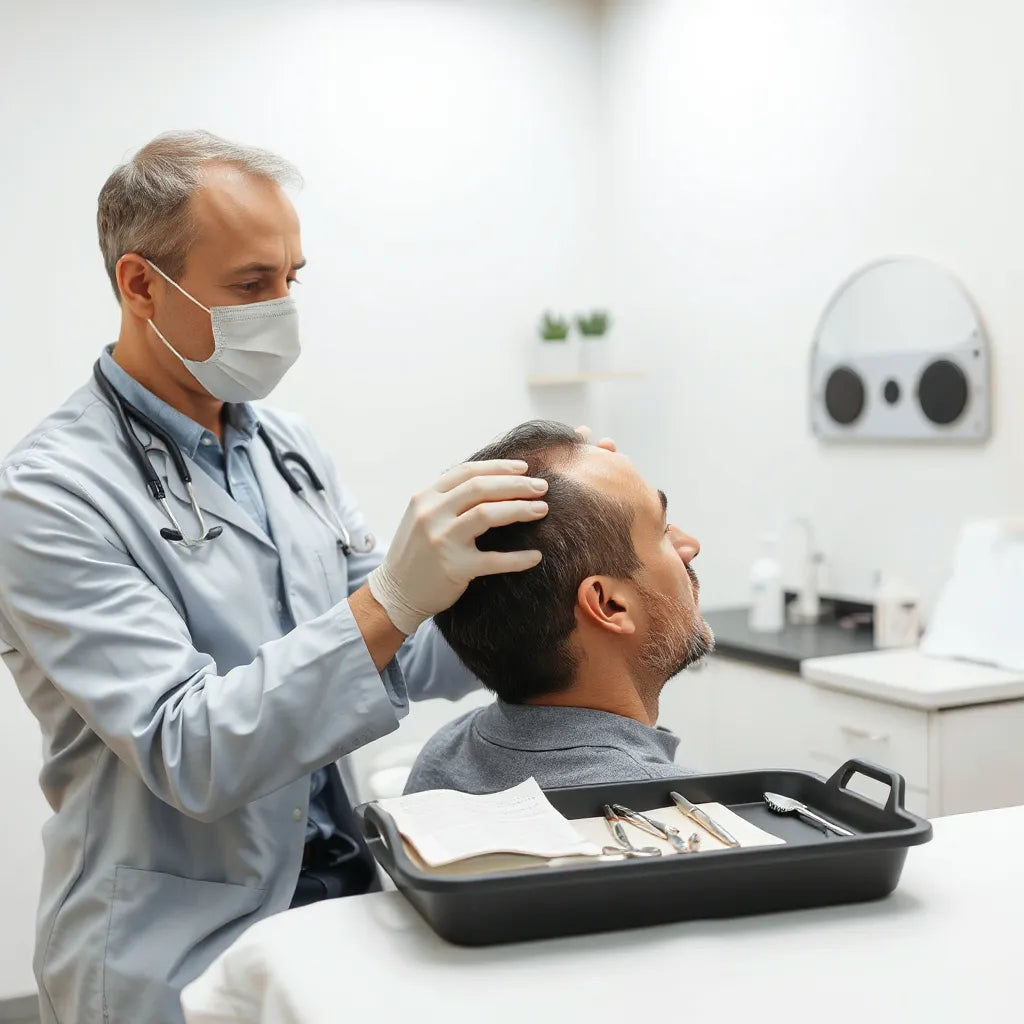 Dermatologist examining a patient’s hairline in a clean clinic room under soft lighting