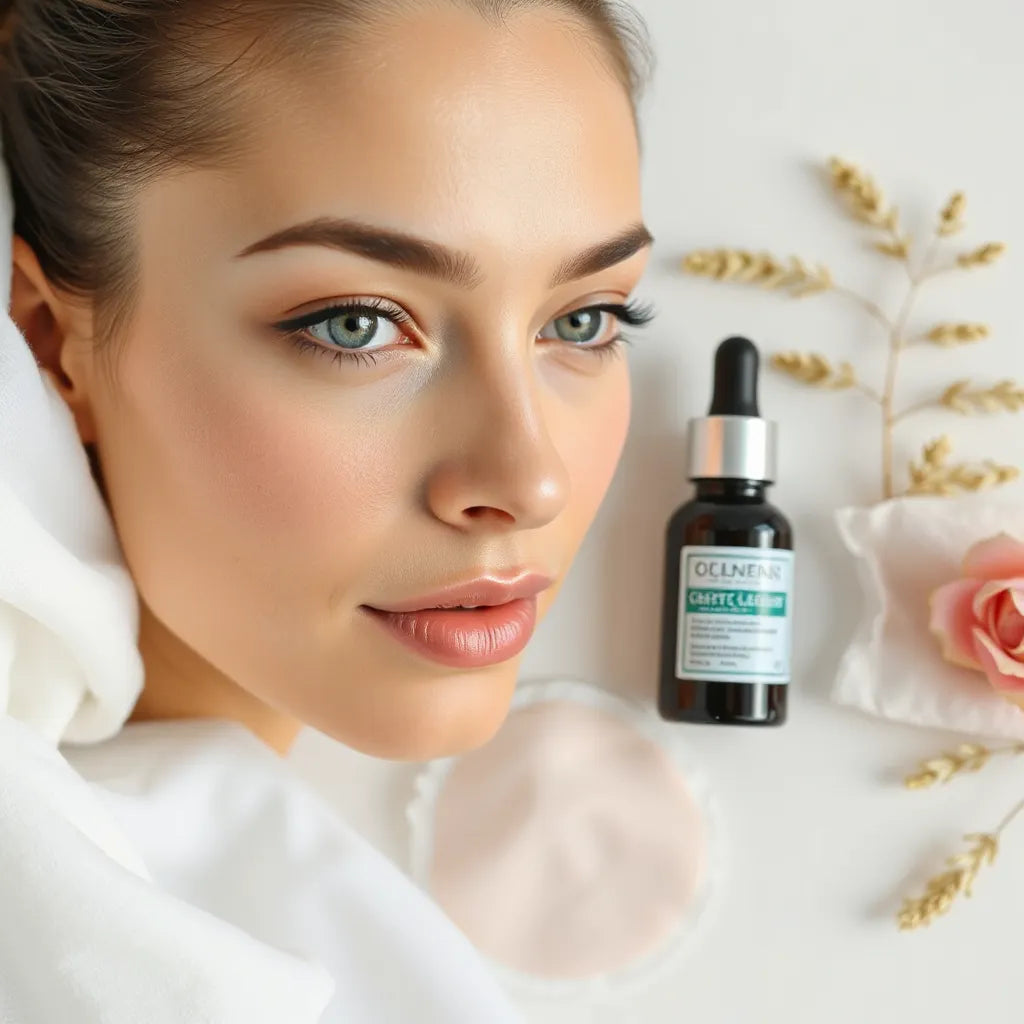 Serum dropper and skincare bottles beside a face with subtle dark spots and uneven skin tone