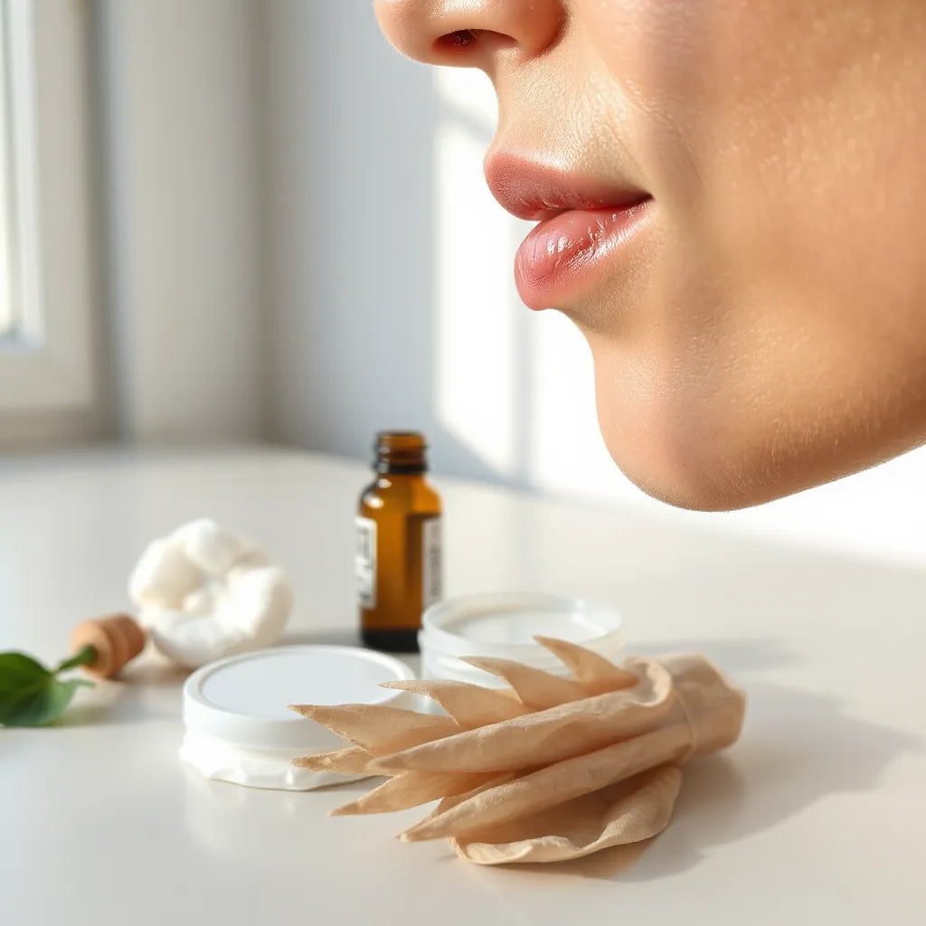 Minimal skincare setup beside a cheek showing mild uneven pigmentation under soft natural light