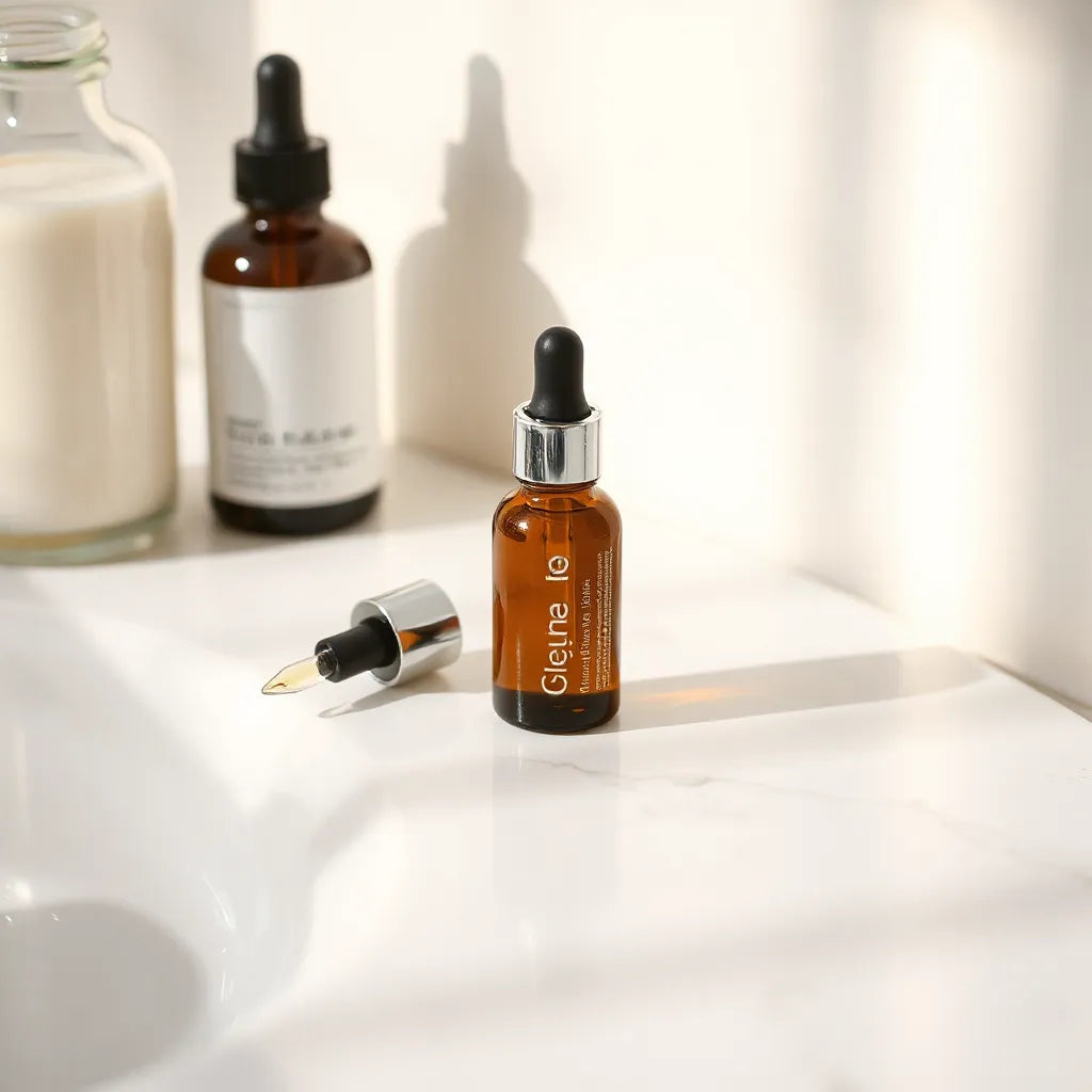 Glass dropper bottle of serum with a few drops on a clean vanity under soft natural light