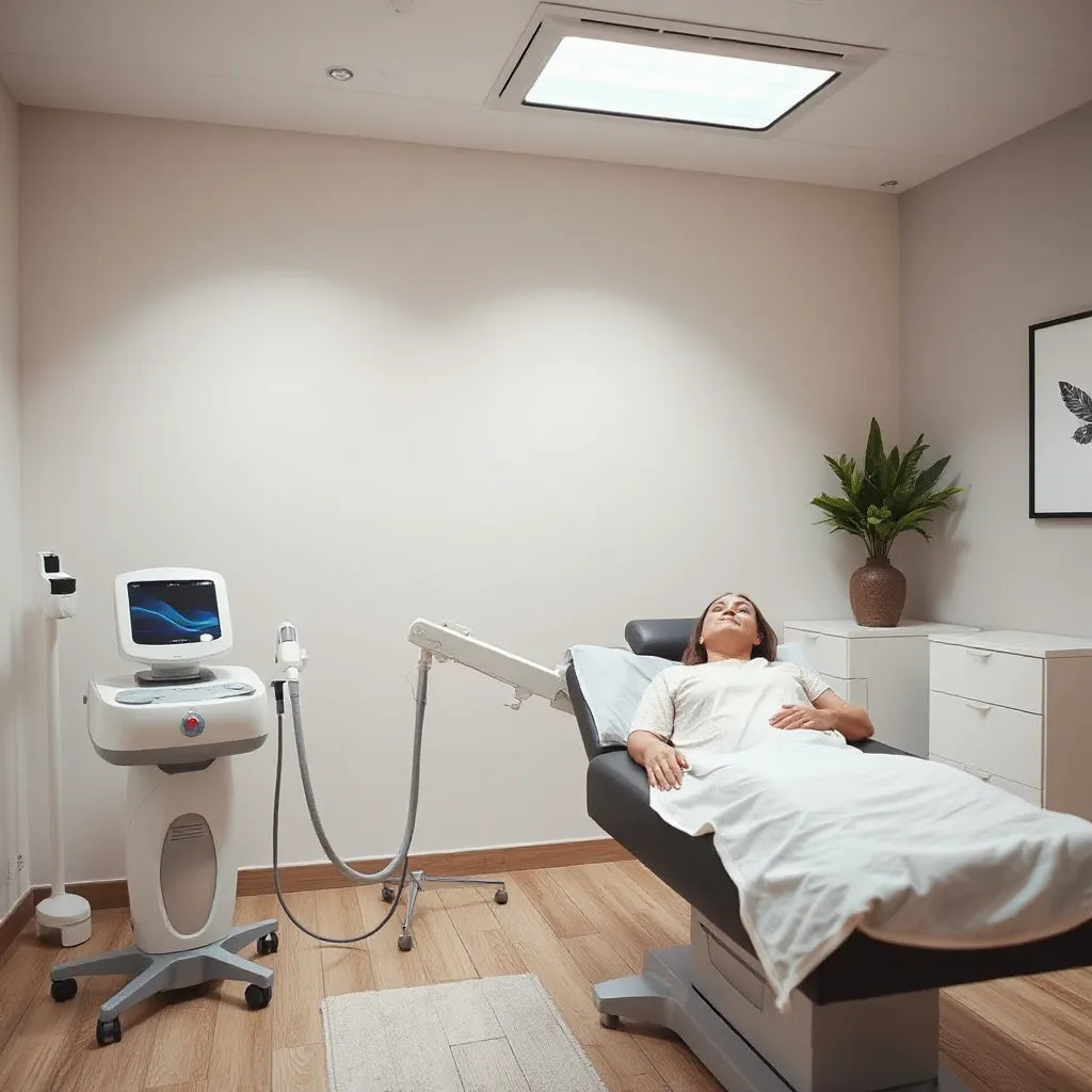 Medical laser hair removal session in a clean clinic with a patient seated and device ready