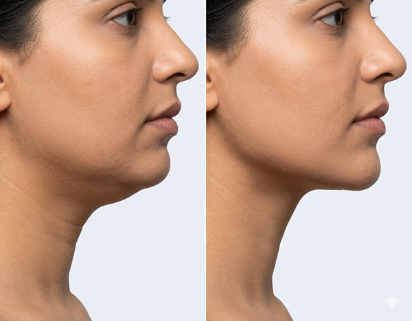 Double Chin before and after results — Allodermis client transformation, Visible Improvement