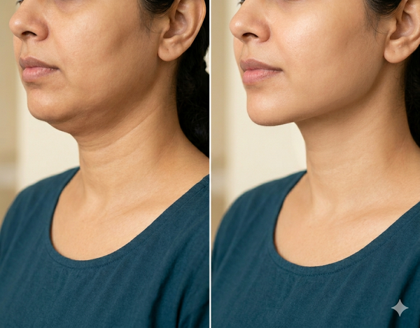 Double Chin before and after results — Allodermis client transformation, Long-Term Results