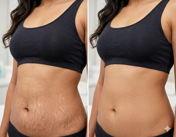 Stretch Marks before and after results — Allodermis client transformation, Long-Term Results