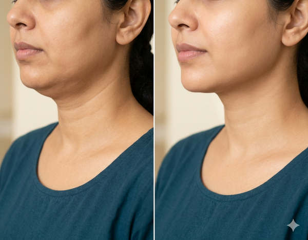 Double Chin before and after results — Allodermis client transformation, Brightness & Clarity