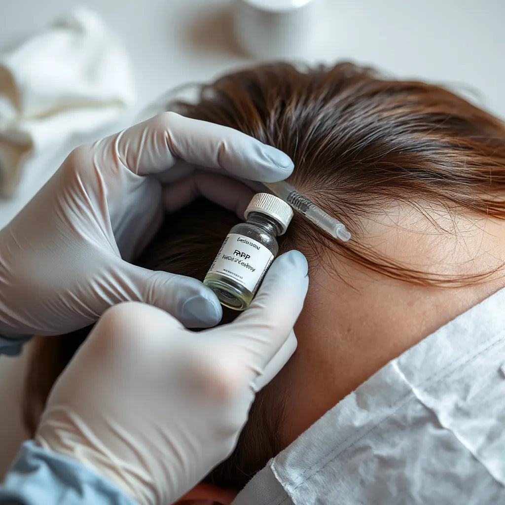Clinician prepares PRP hair therapy vial and syringe near a patient’s hairline in a clean clinic room