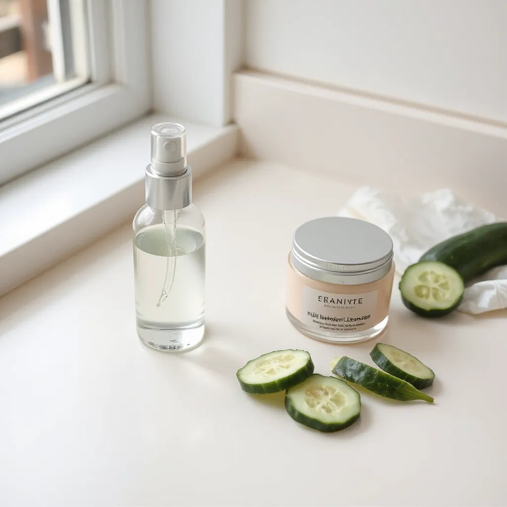Lightweight skincare products on a clean vanity with cucumber slices and blotting papers for oil control