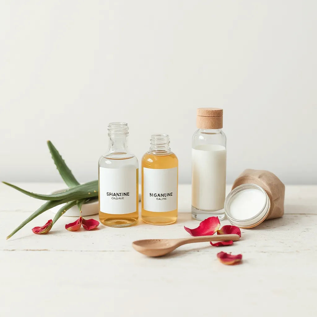 Minimal organic skincare bottles and jars beside fresh aloe and rose petals on a clean countertop