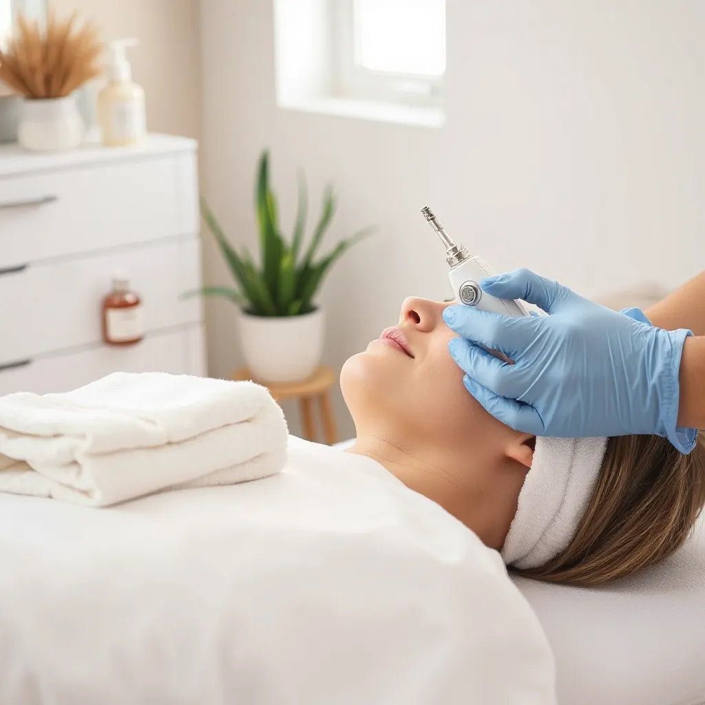 Skincare professional performing a microdermabrasion facial in a clean treatment room.
