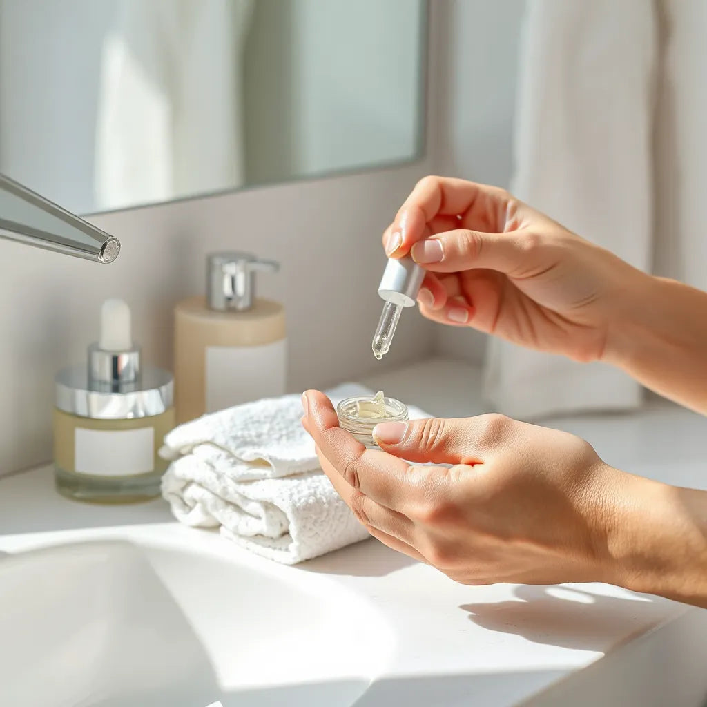 Hands applying a clear skincare gel to the cheek beside simple skincare bottles on a clean counter