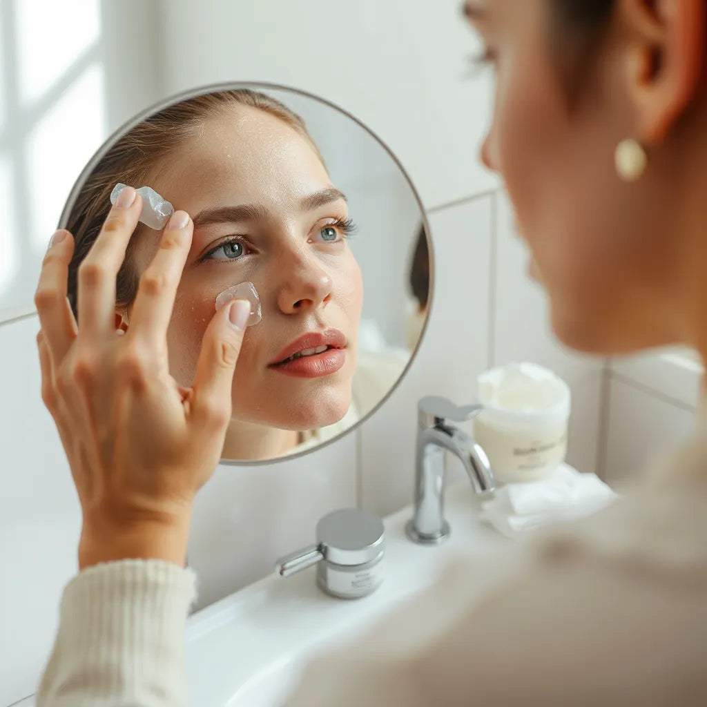 Person applying clear acne gel to the face with simple skincare items nearby