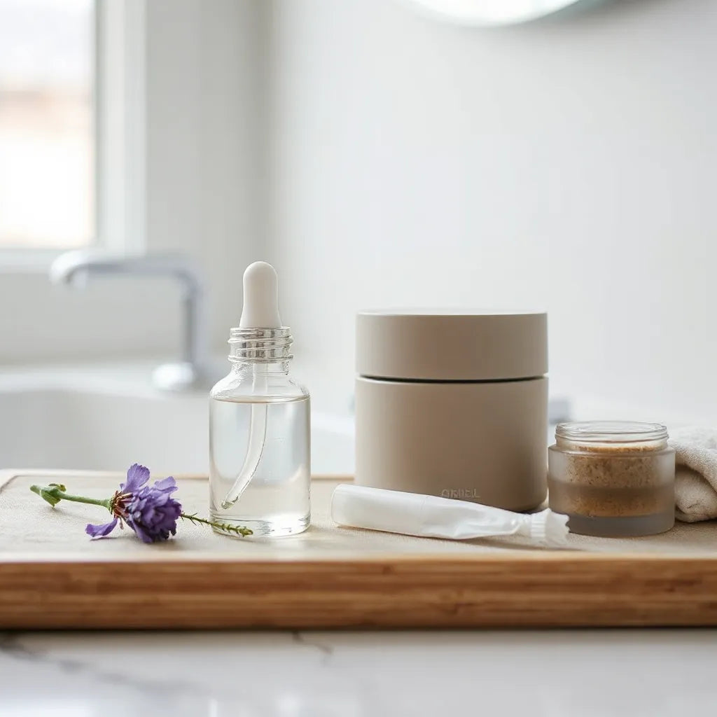 Hydrating facial lotion jar and dropper bottle on a clean vanity with soft natural light