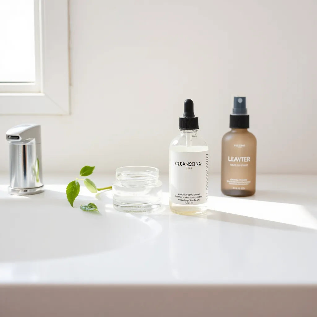 Lightweight gel cleanser and oil-control moisturizer arranged on a clean countertop under soft natural light