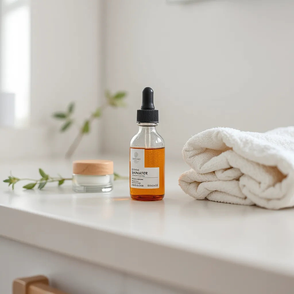 Skincare bottles and cream on a minimal vanity with soft lighting and a hydrated glow