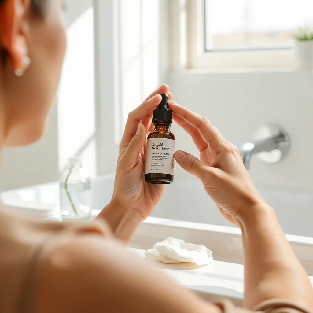 Lightweight serum and moisturizer applied to a face in a clean bathroom setting