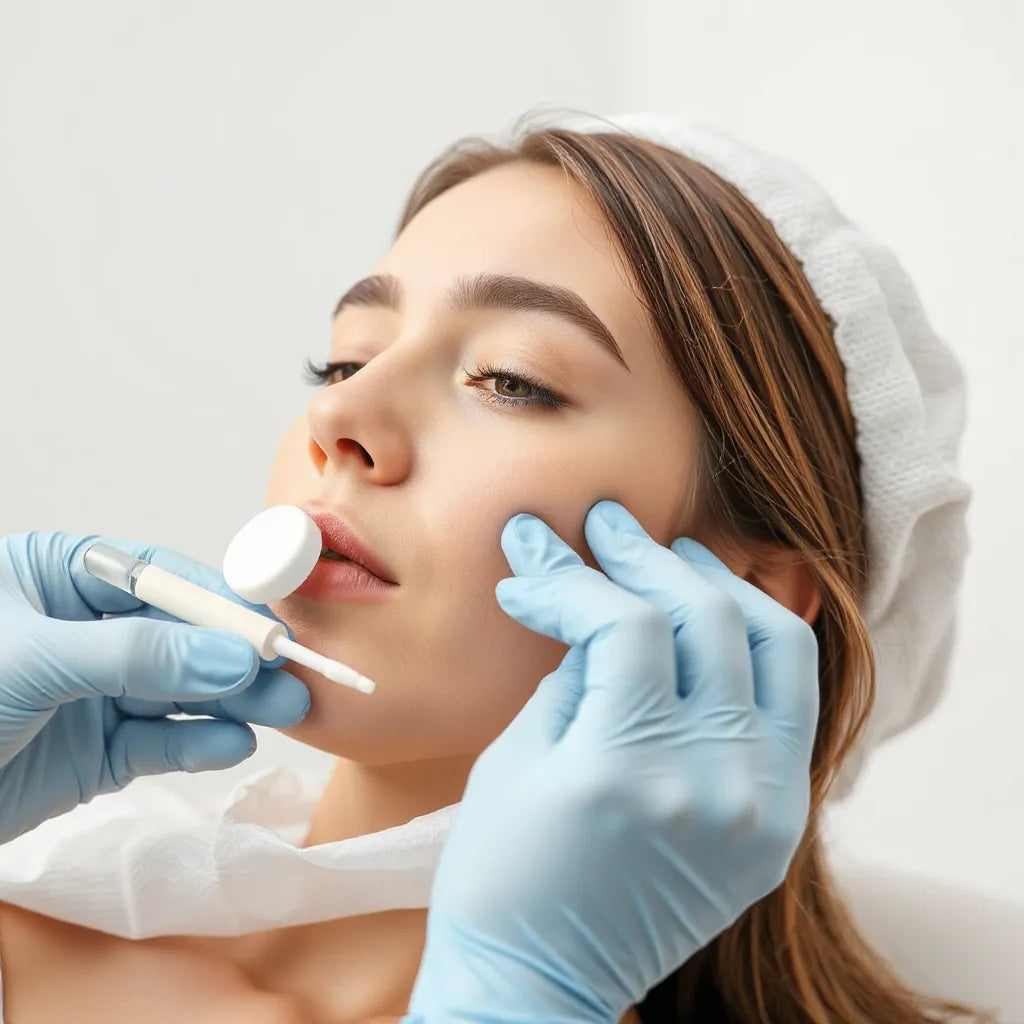 Dermatologist performing a gentle acne scar treatment with clinical skincare tools in a bright room