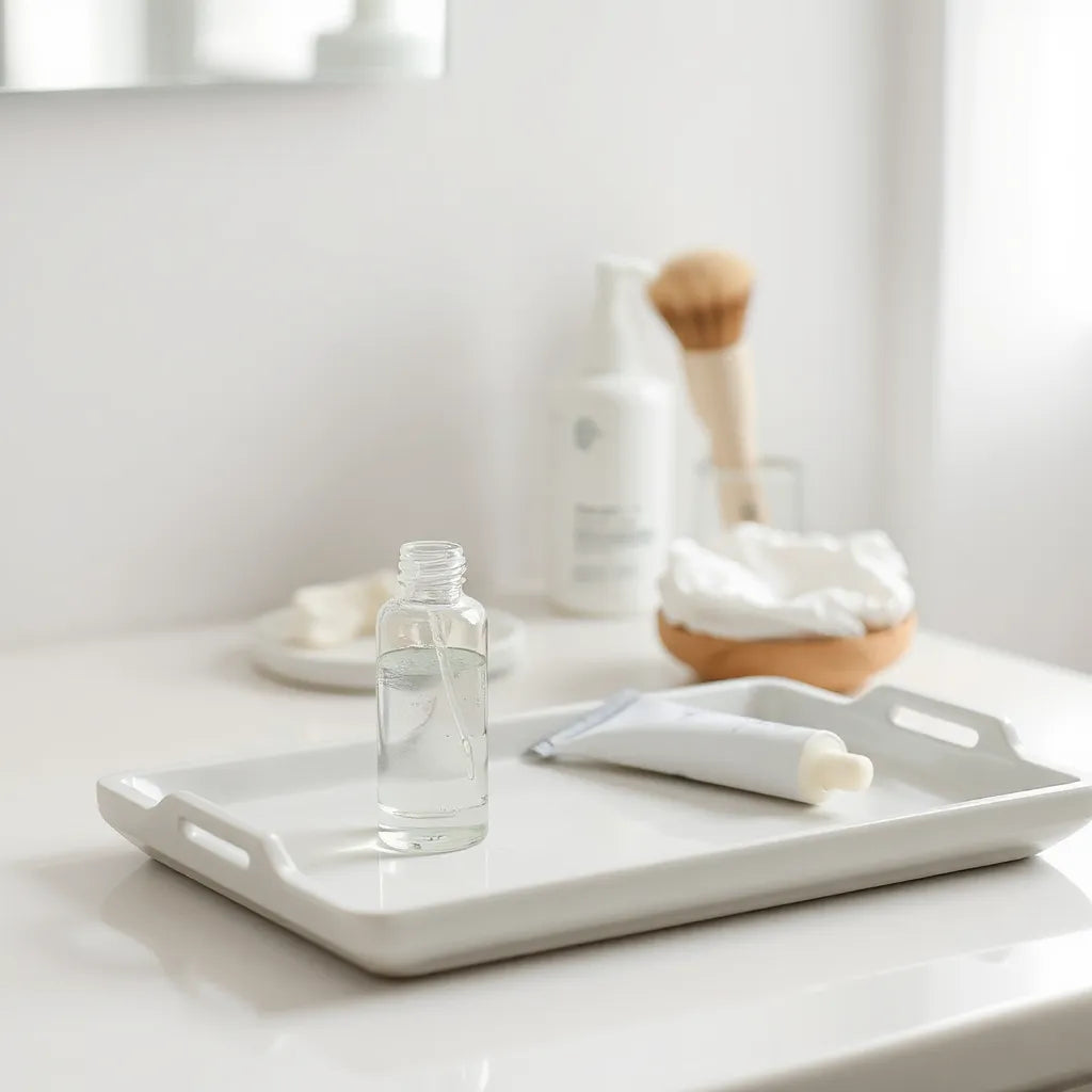 Minimal skincare bottles and exfoliant products arranged on a clean vanity with soft natural light