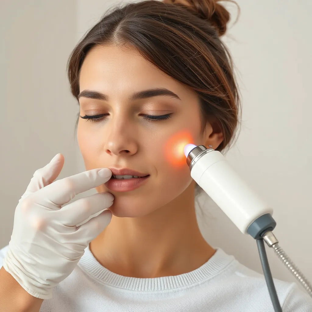 Dermatology professional treating acne scar area on a patient’s cheek with a laser device