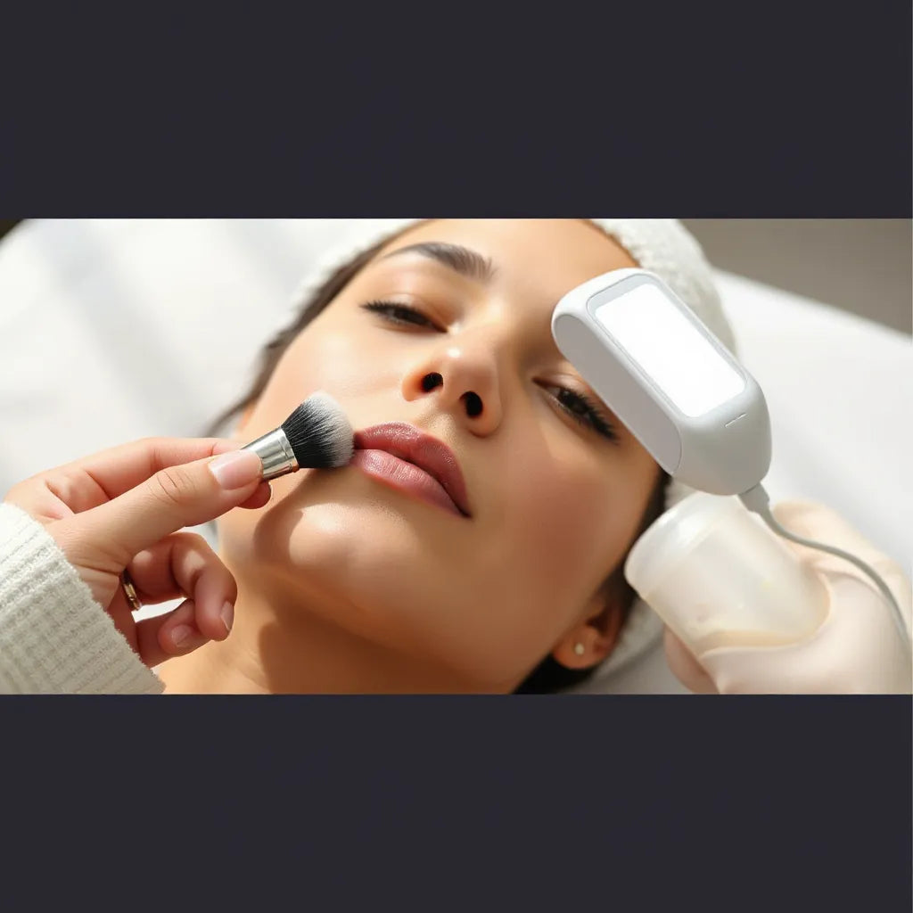 Dermatology clinic close-up with gentle facial care and light therapy equipment near the patient’s cheek
