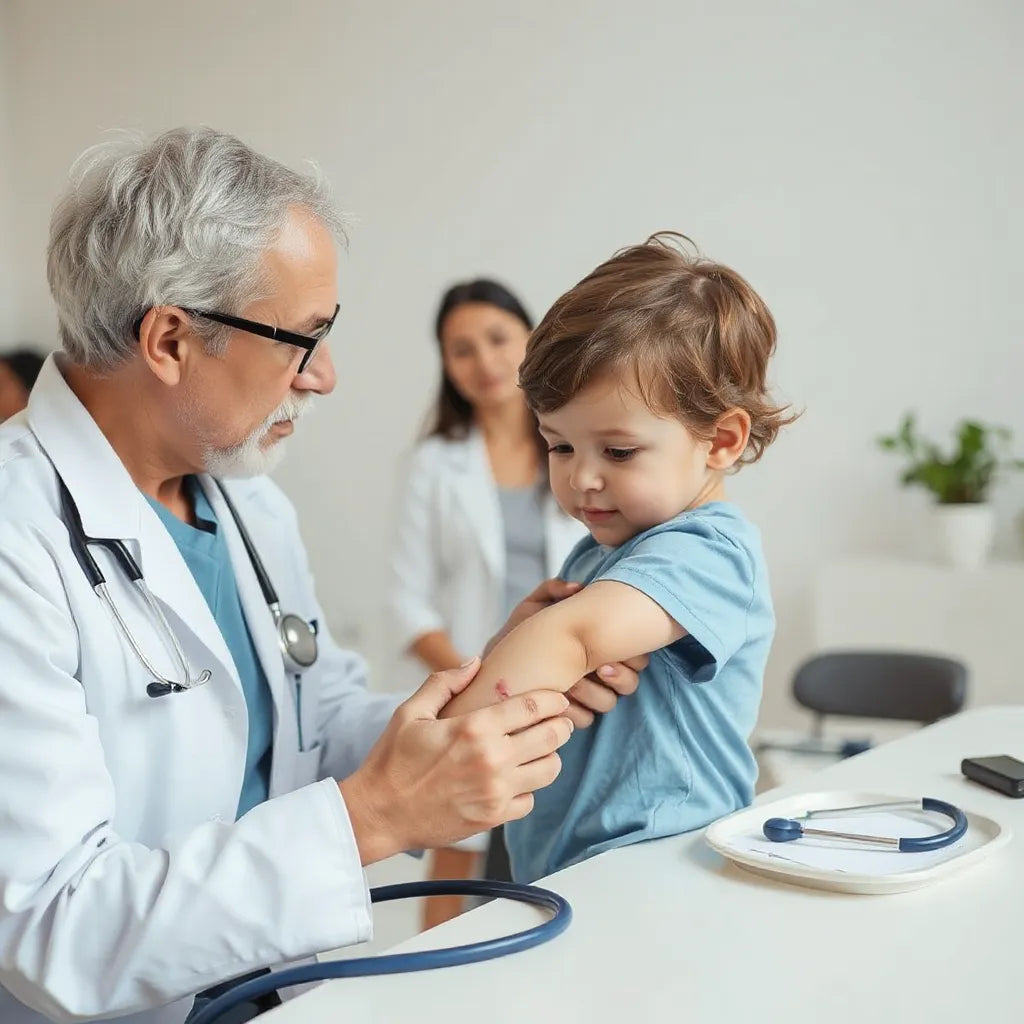 Pediatric dermatologist examining a child's forearm rash in a bright clinic with parent nearby