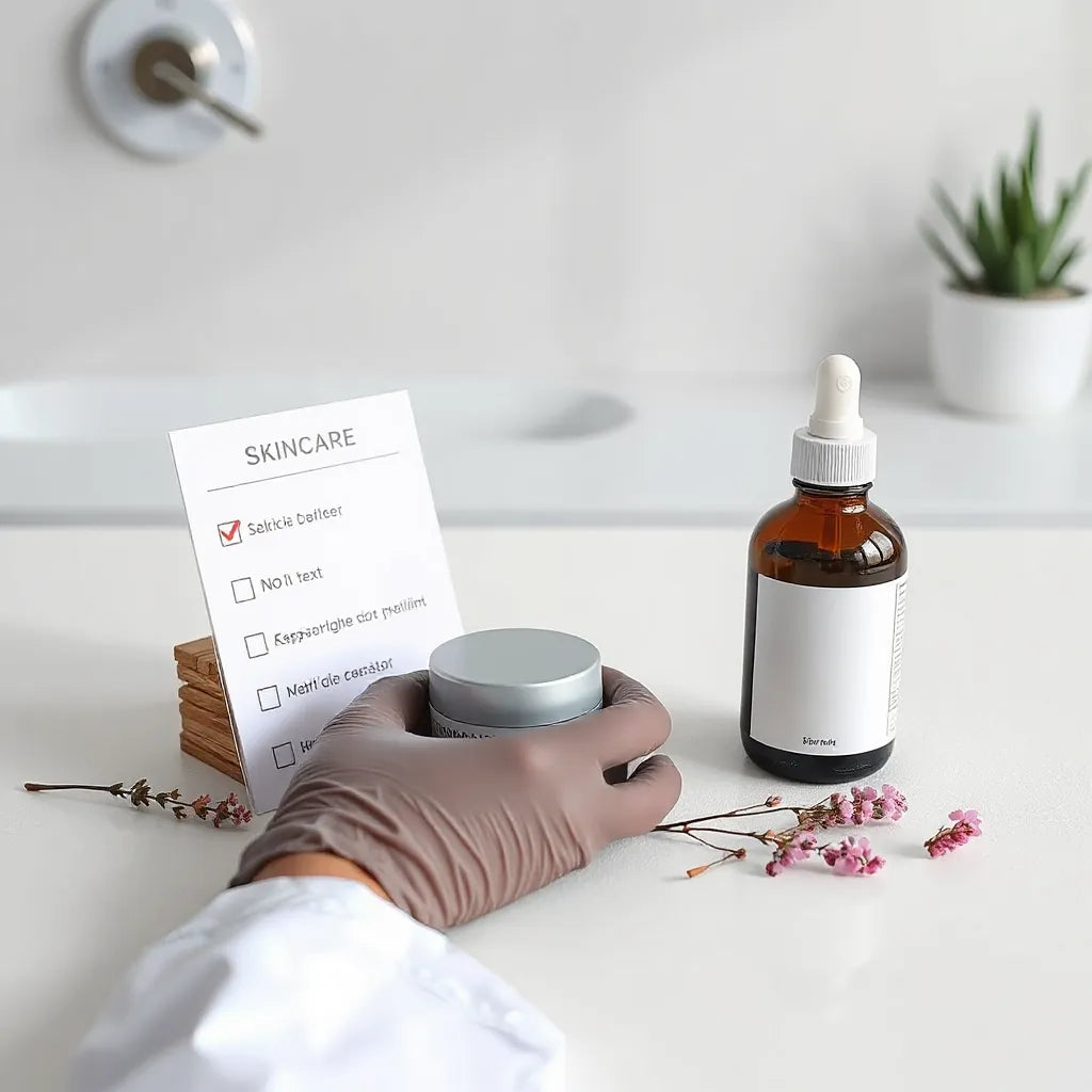 Skincare bottles and moisturizer jar on a clean surface beside a blank checklist card
