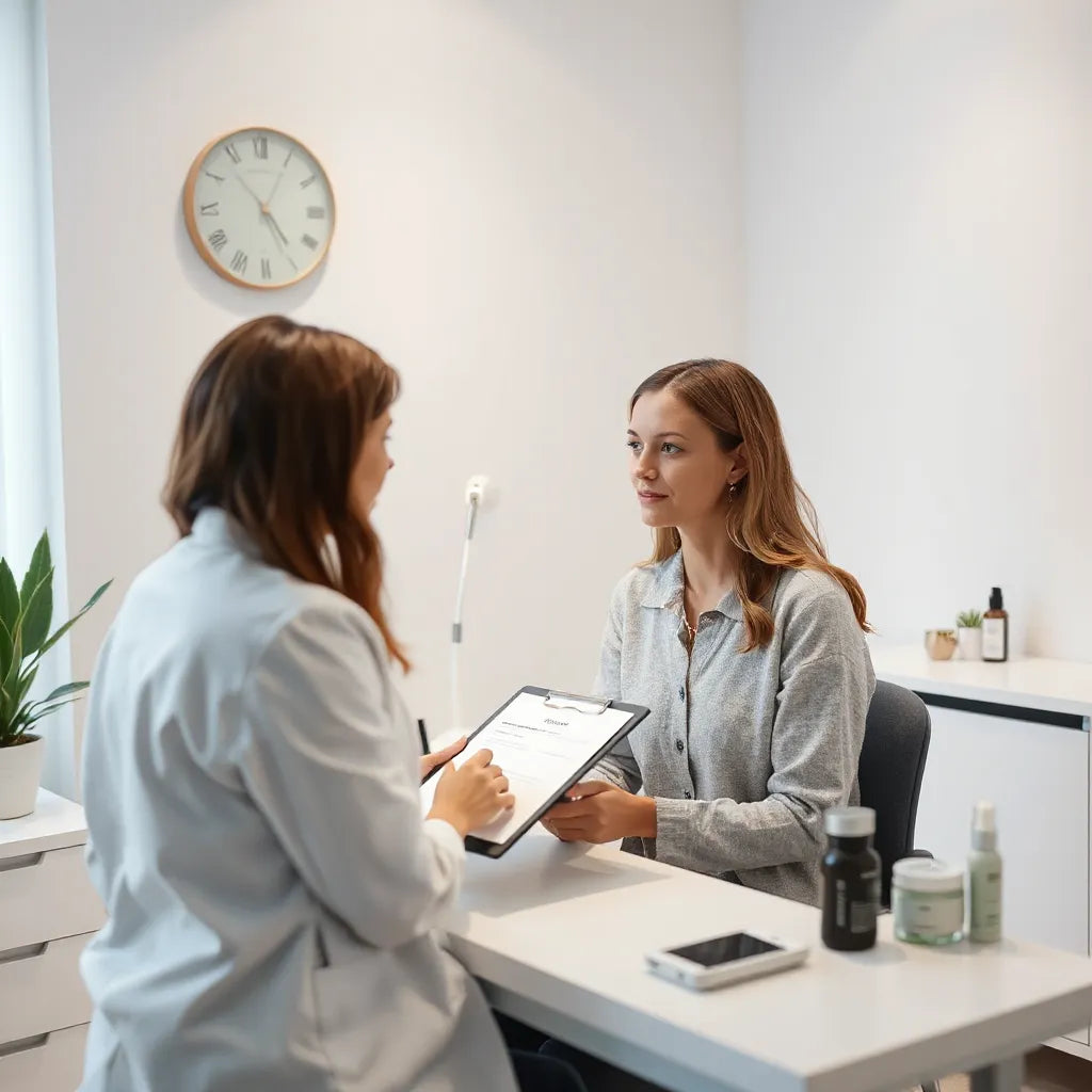 Dermatologist discussing a tailored skin care plan with a patient in a clinical exam room