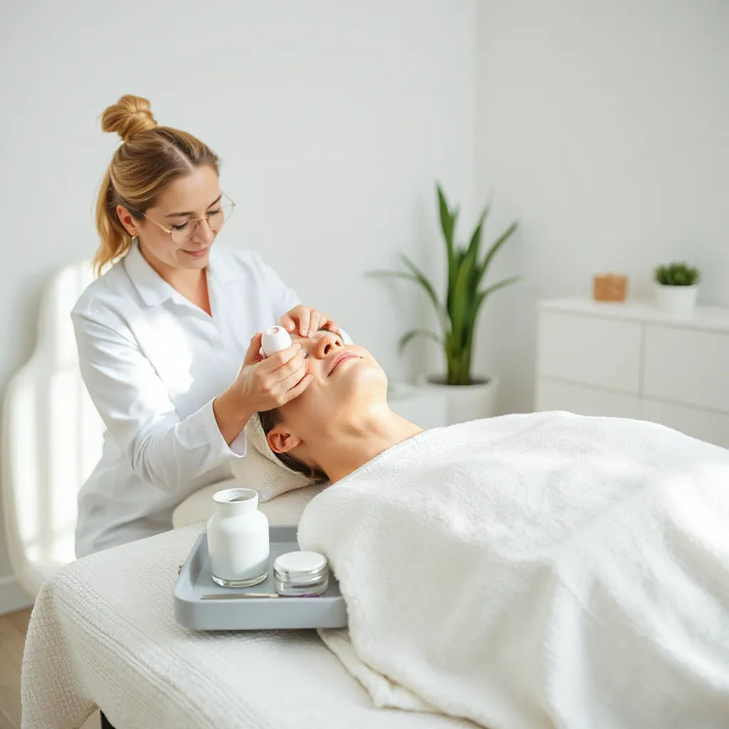 Skincare professional performing a professional facial treatment in a clean clinic room