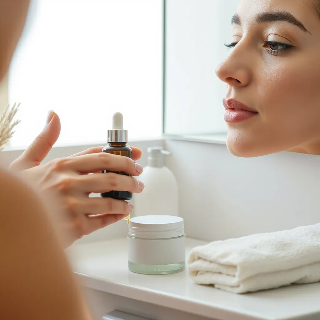 Woman applying anti-aging serum to face with skincare bottles on a clean vanity