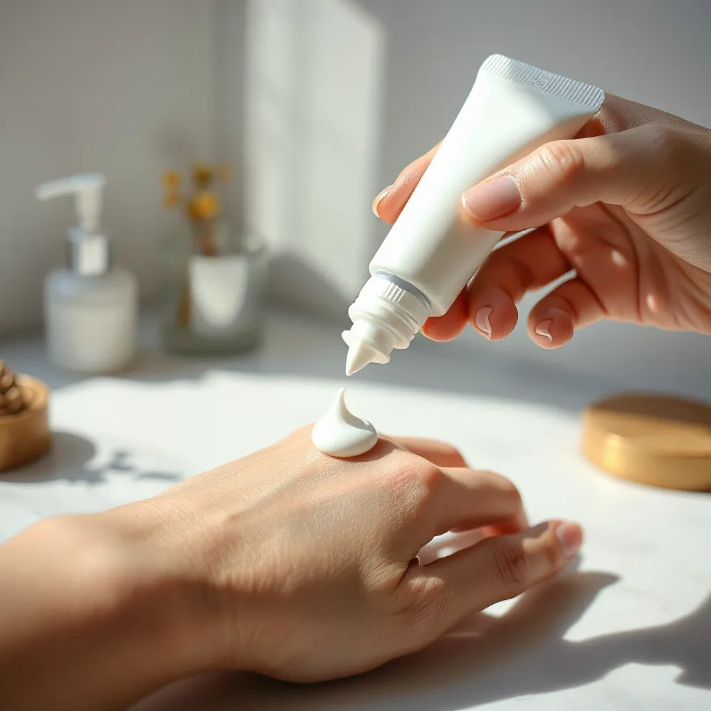 Sunlit skincare moment with a fingertip applying sun protection cream to the back of a hand
