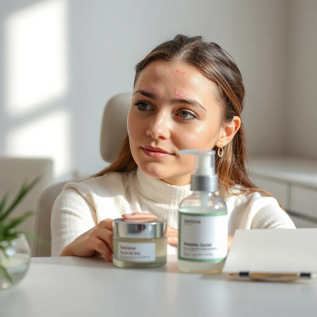 Skincare products on a clinic desk beside a person with mild facial acne redness