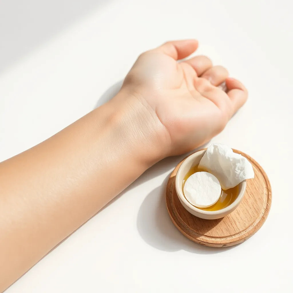 Calm, softly lit skin with a cotton pad and botanical oil for natural recovery and soothing