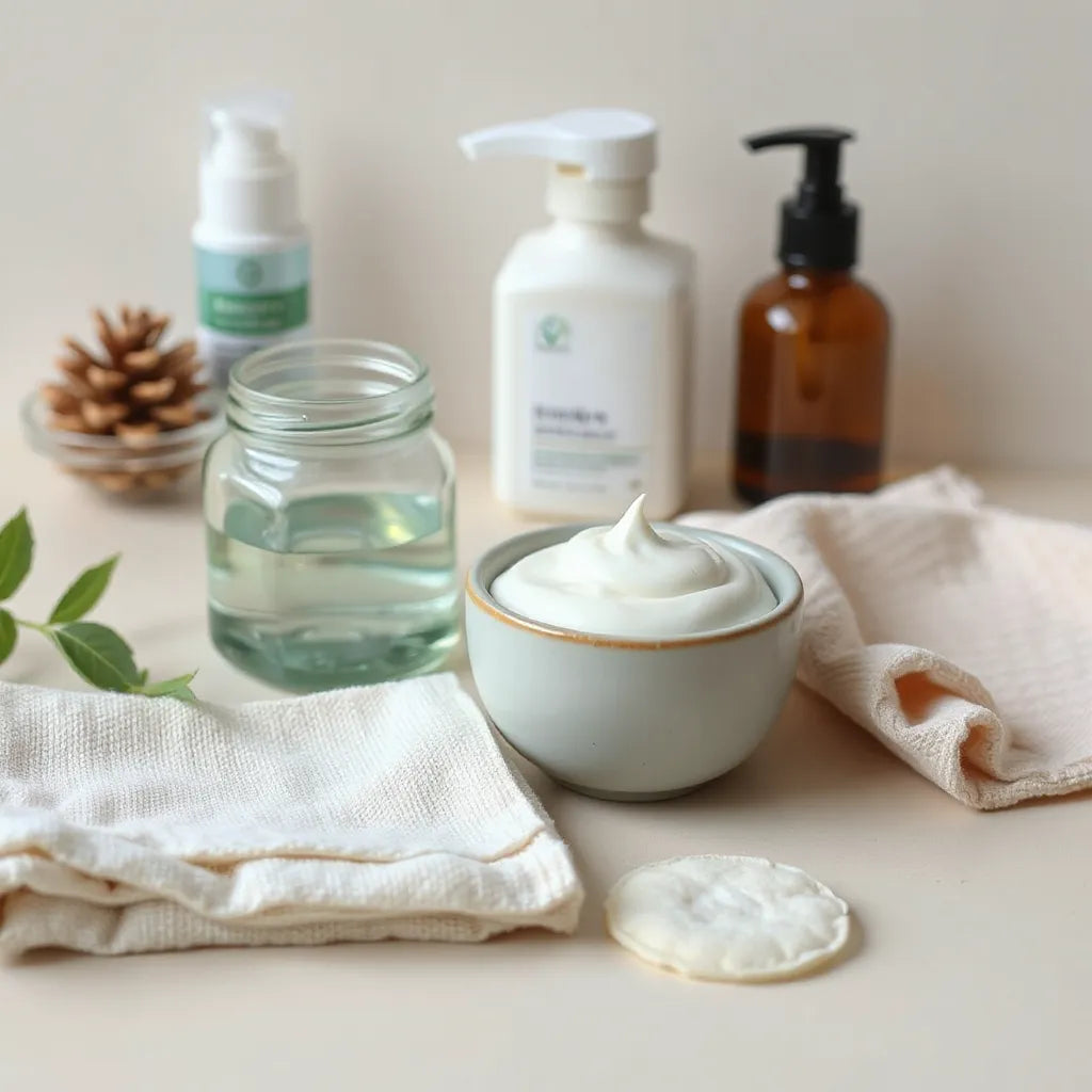 Cream moisturizer in a glass jar with cotton pads on a clean, light background