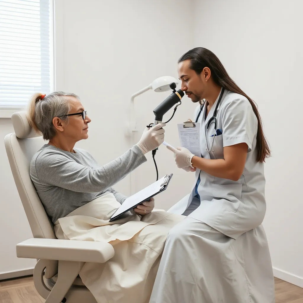 Dermatologist examining a patient’s skin with a dermatoscope in a clean exam room