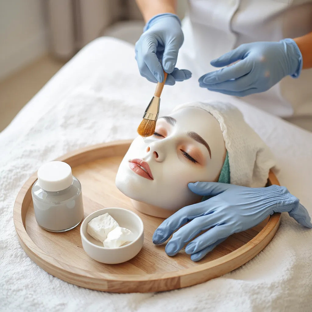 Skincare professional applying chemical peel with a brush during a facial treatment