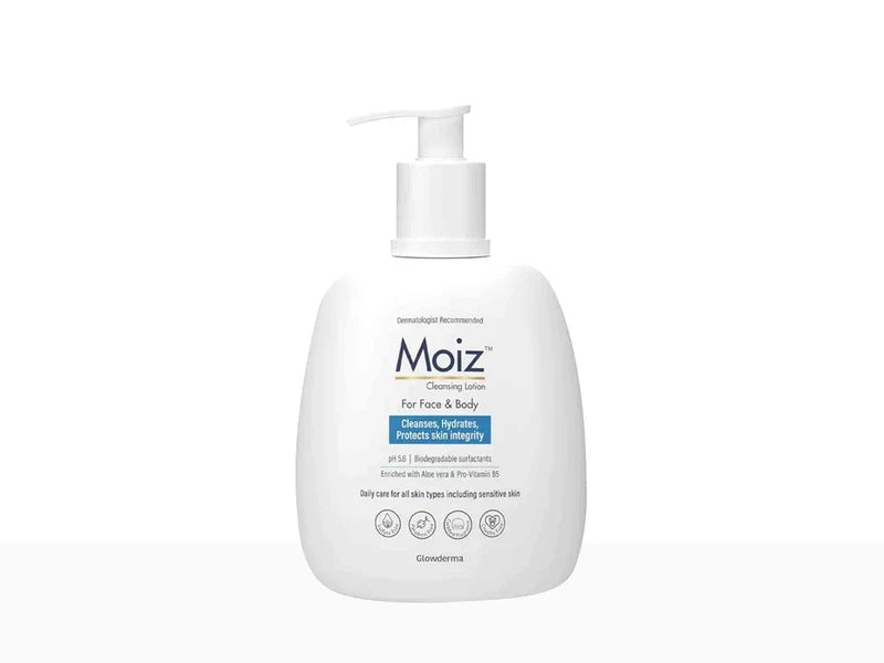 Dermalogics Moiz Cleansing Lotion bottle, front view showing the label and packaging for gentle skincare.