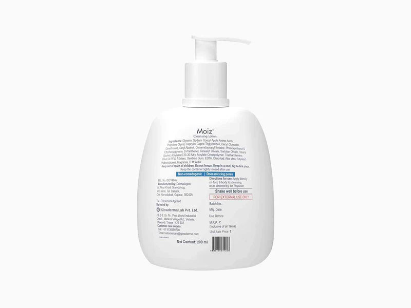 Dermalogics Moiz Cleansing Lotion bottle with front label showing, placed on a white background.