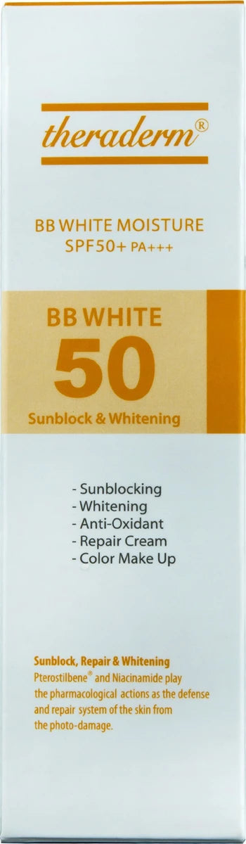 Allodermis Theraderm BB White Moisture SPF 50+ PA+++ cream in a white jar with a pump dispenser, showcasing its packaging.