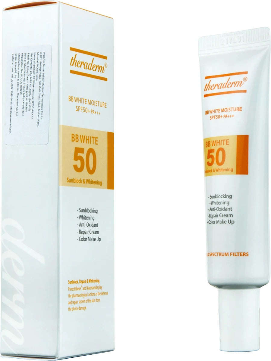 Allodermis Theraderm BB White Moisture SPF 50+ PA+++ cream in a jar, showcasing its smooth, white skincare formula for brightening and sun protection.