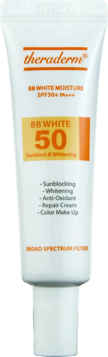 Allodermis Theraderm BB White Moisture SPF 50+ PA+++ cream in a jar, featuring white and beige packaging with product label.