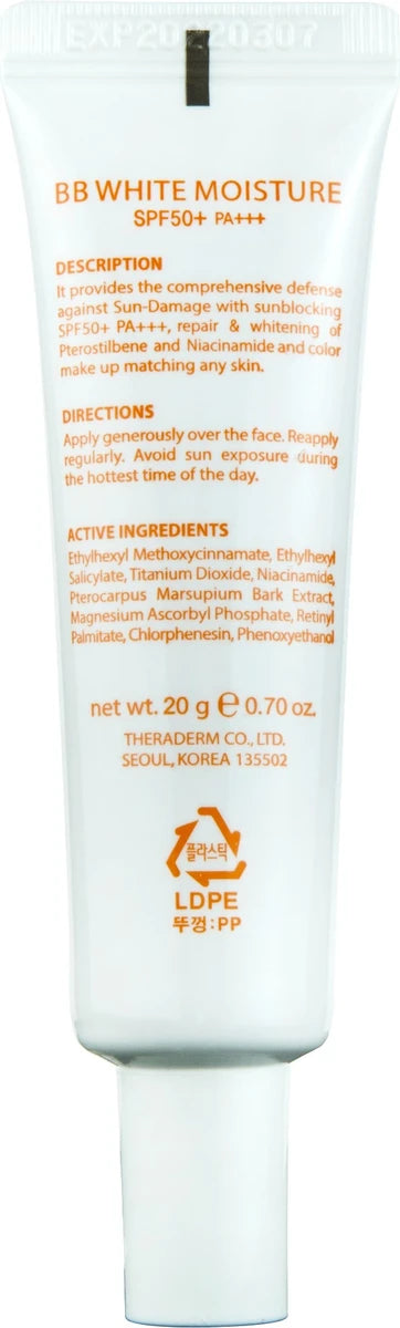 Allodermis Theraderm BB White Moisture SPF 50+ PA+++ cream, showing the tube with product branding and SPF protection features.