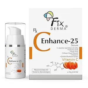 Fixderma C Enhance 25 Serum for skin pigmentation, featuring a sleek bottle with a dropper, designed to brighten and even skin tone.