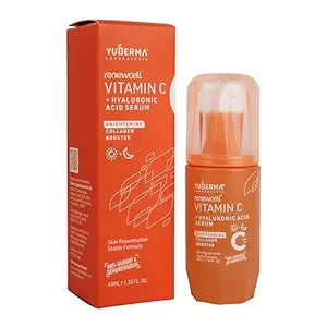 Lyra Laboratories Yuderma Renewcell Vitamin C Serum bottle with dropper, showcasing bright packaging and serum inside.