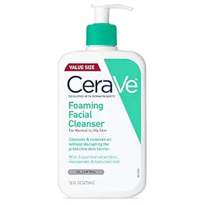 L'Oreal Cerave Foaming Cleanser in a pump bottle, showing the product label and clear, foaming cleanser inside