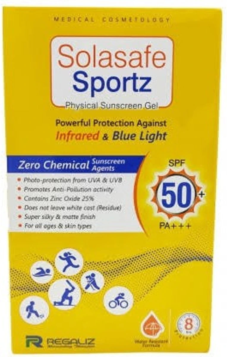 Allodermis Solasafe Sportz Physical Sunscreen Gel SPF 50+ PA+++ in 50g tube, provides broad-spectrum sun protection.