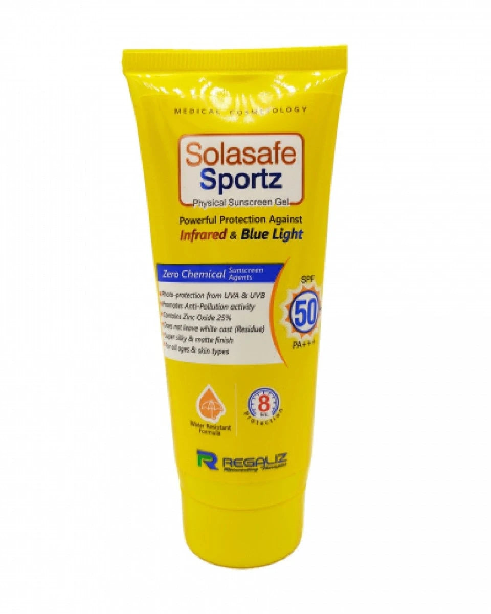 Allodermis Solasafe Sportz Physical Sunscreen Gel SPF 50+ PA+++ in 50g tube, suitable for outdoor skin protection