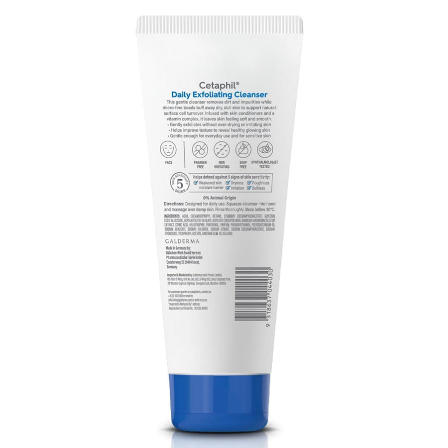 Cetaphil Daily Exfoliating Cleanser by Encube Ethicals, showing the product bottle with label for normal, dry, acne-prone, and oily skin.
