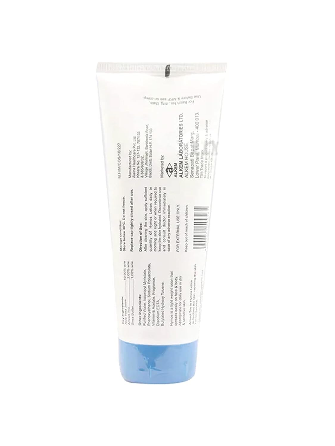 Hymos face and body lotion for sensitive skin by Alaina Healthcare Pvt. Ltd., showing a pump bottle with white lotion