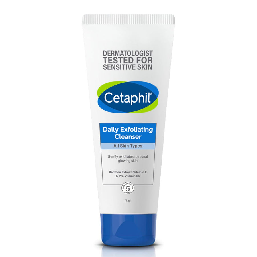 Cetaphil Daily Exfoliating Cleanser by Encube Ethicals, shown in a clear bottle with a white cap, suitable for normal, dry, and acne-prone skin.