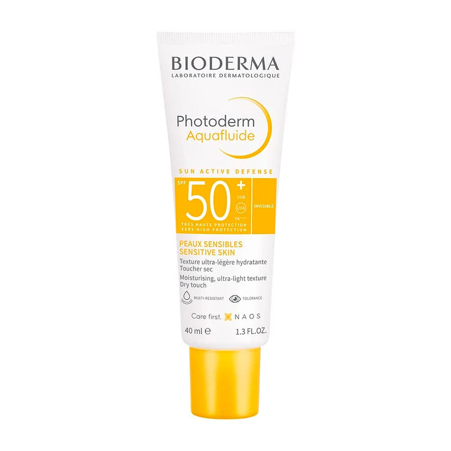 Bioderma Photoderm Aquafluide SPF 50+ cream by Allodermis, featuring lightweight, invisible sun protection in a sleek tube