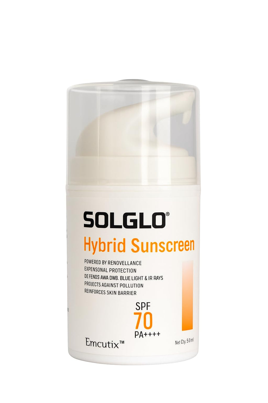 Cheryl Laboratories Solglo Hybrid Sunscreen SPF 70 PA++++ in 50ml bottle, showing the sunscreen tube with SPF labeling.